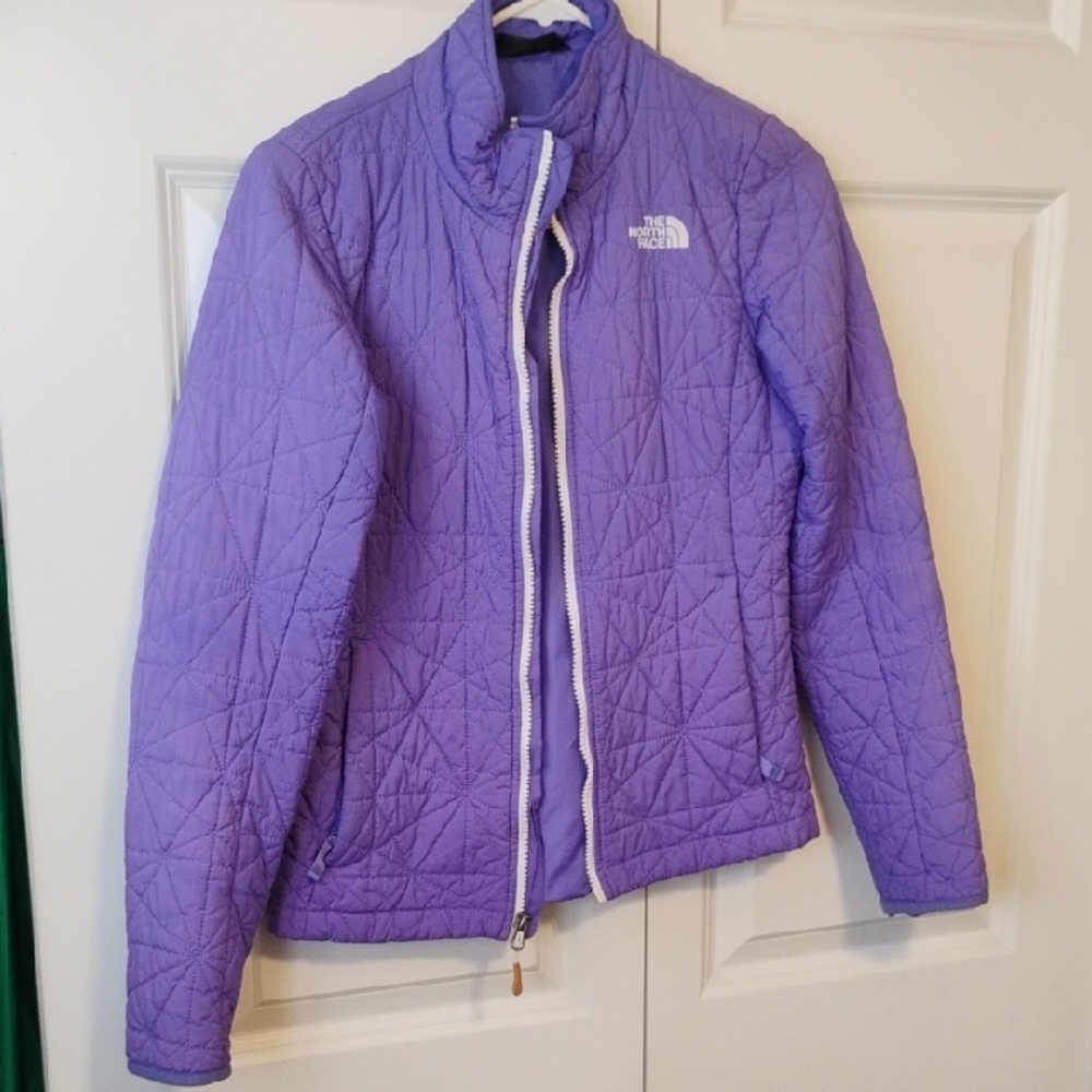 The North Face Purple Puffer Jacket with Stand-Up Collar